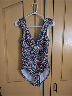 Kona Sol Teal Floral One-Piece Swimsuit with Pink & Yellow Blooms